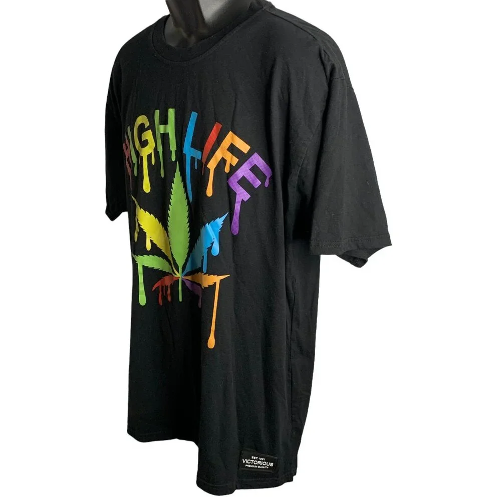 Victorious High Life Crewneck T Shirt 3XL Black Short Sleeve Rainbow Paint Drip